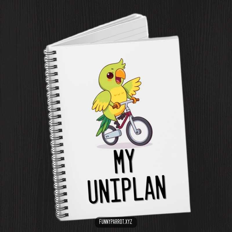 Funny notebook with a parrot determinedly riding a unicycle, inspiring creativity and humor for note-taking.