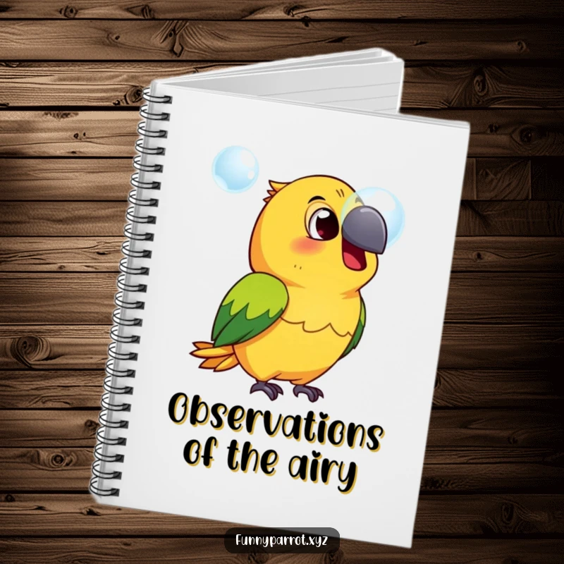 Funny surprised parrot notebook with a parrot looking astonished at a bubble, perfect for jotting down ideas with a touch of humor.
