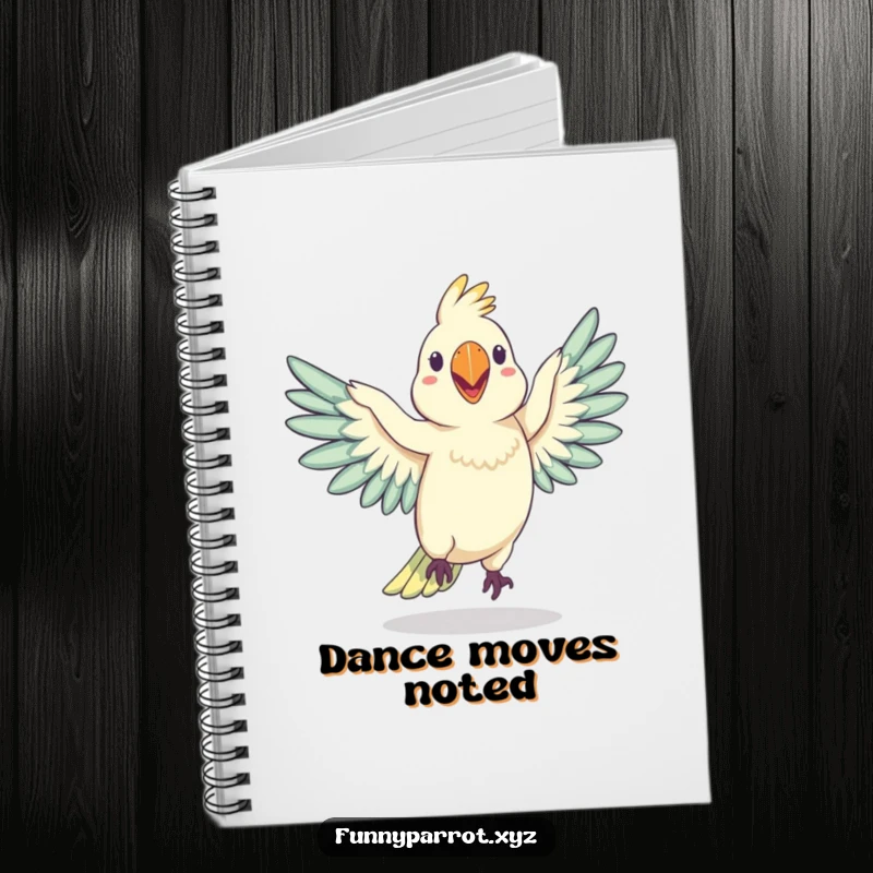 Funny notebook featuring a silly parrot performing a wobbly dance with wings outstretched, ideal for writing down funny thoughts or dance steps.