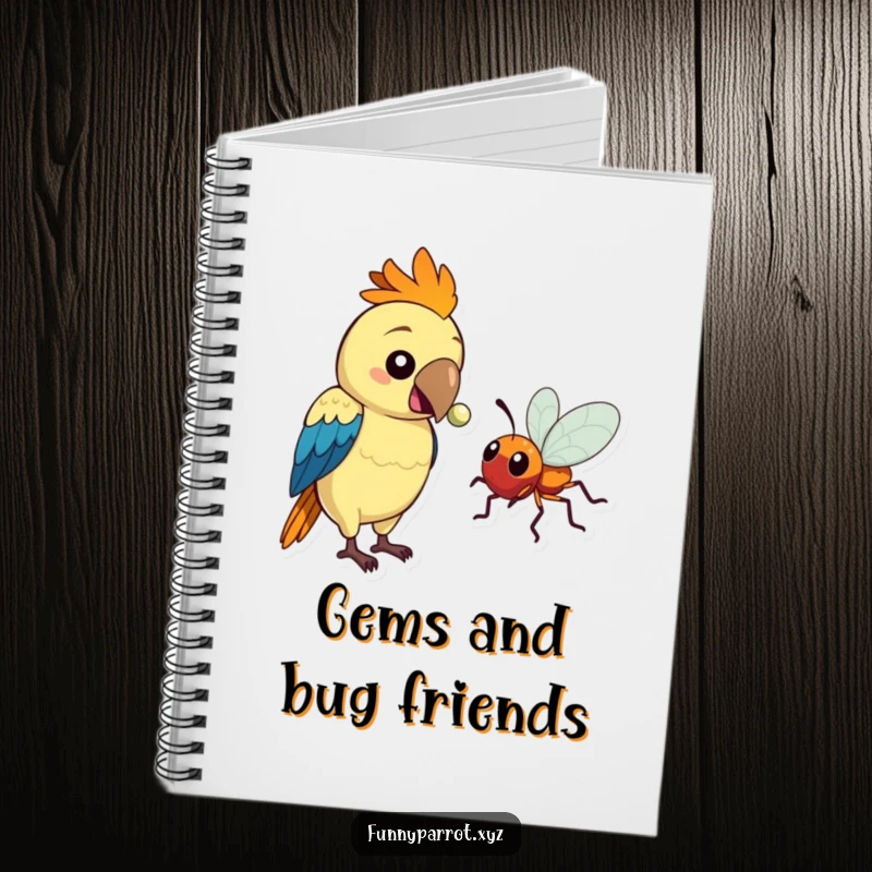 Funny notebook with a parrot offering a shiny bead to a bug, inspiring creativity and humor for note-taking.