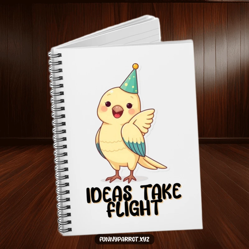 Funny parrot notebook with a parrot wearing a party hat, flapping wings joyfully, ideal for creative writing and notes.