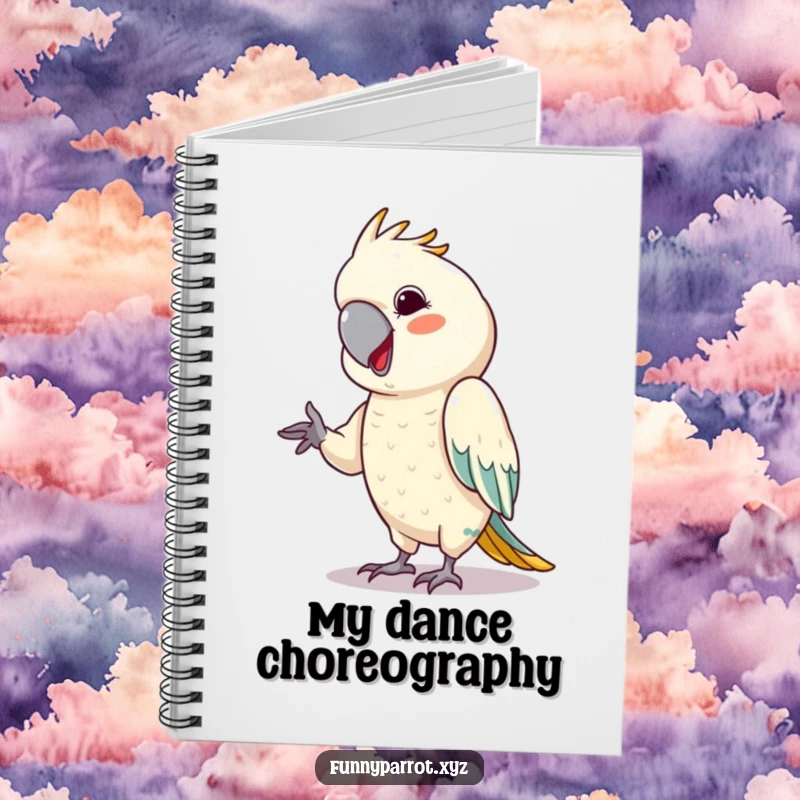 Funny parrot notebook with a bird with a cheeky grin, performing a tiny dance move.