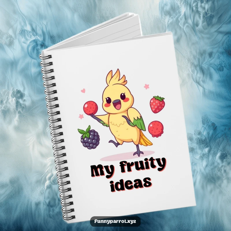 Funny parrot notebook with a playful bird skillfully juggling three colorful berries.