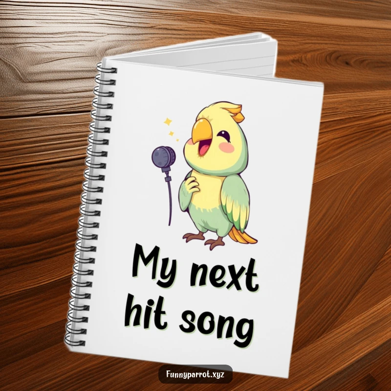 Funny notebook featuring a happy parrot holding a tiny microphone, squawking a cheerful tune, ideal for writing song lyrics or creative ideas.