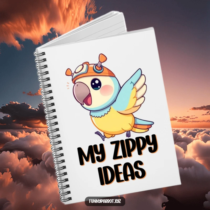 Funny notebook featuring a vibrant parrot wearing a tiny propeller hat, joyfully zipping through the air, ready for notes.
