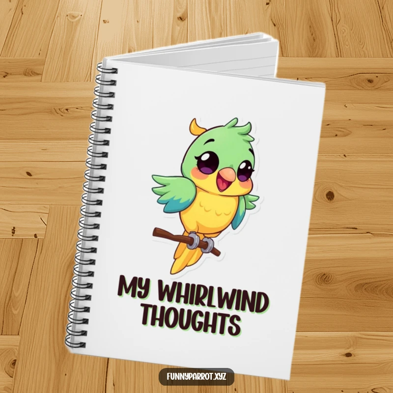 Funny parrot notebook with a vibrant bird, wide eyes, excitedly spinning on a perch.