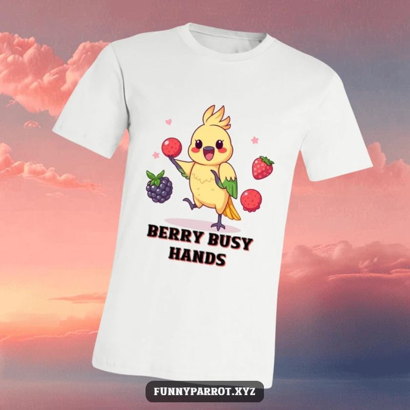 Funny parrot t-shirt showing a playful bird juggling three colorful berries with impressive skill.