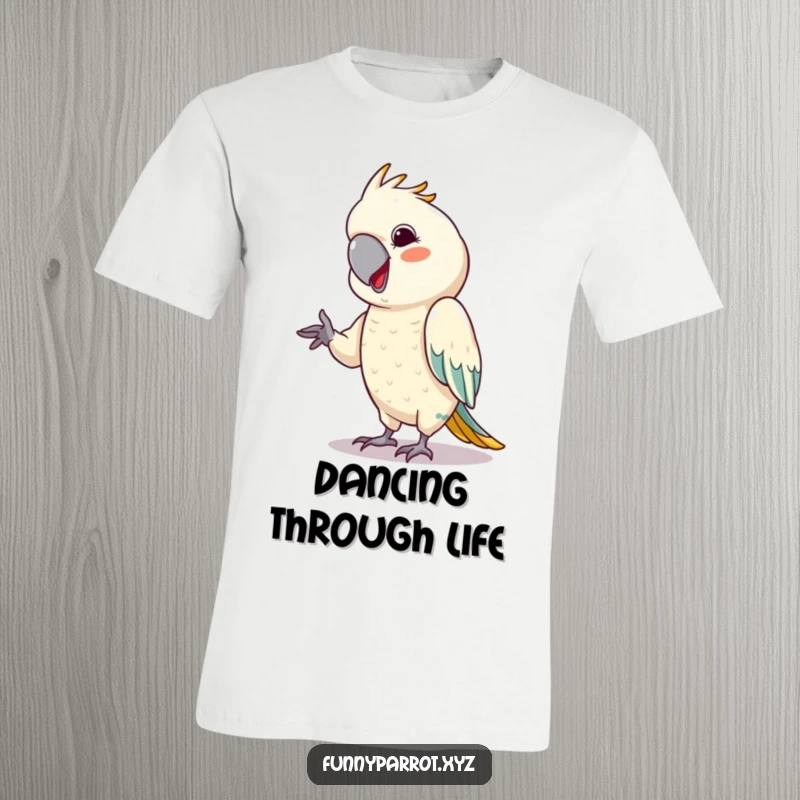 Funny parrot t-shirt depicting a bird with a cheeky grin, performing a tiny, enthusiastic dance move.
