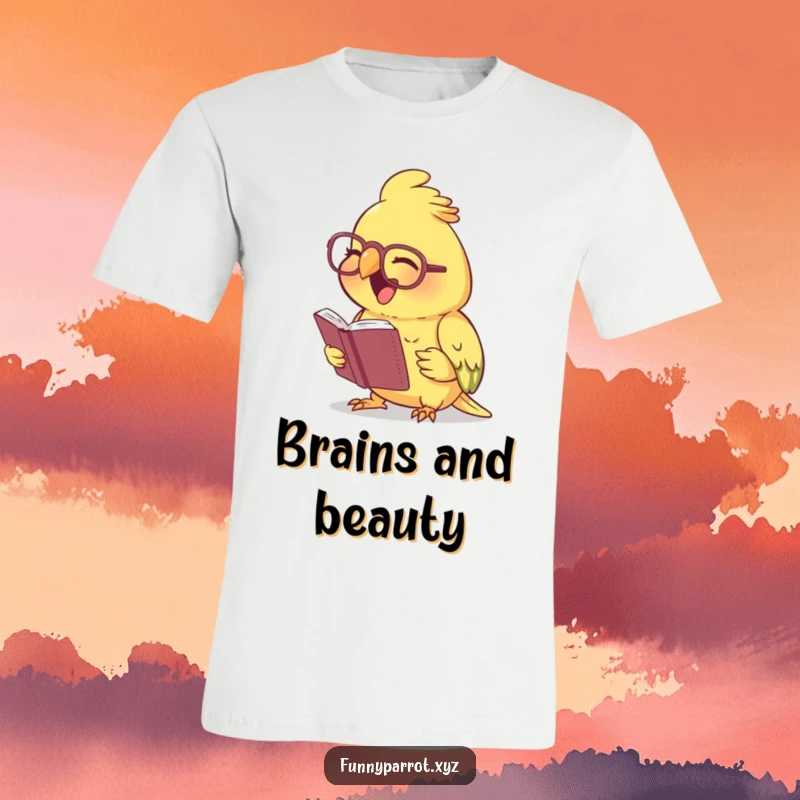 Funny laughing parrot t-shirt design of a parrot wearing tiny spectacles while reading a minuscule book and laughing heartily.