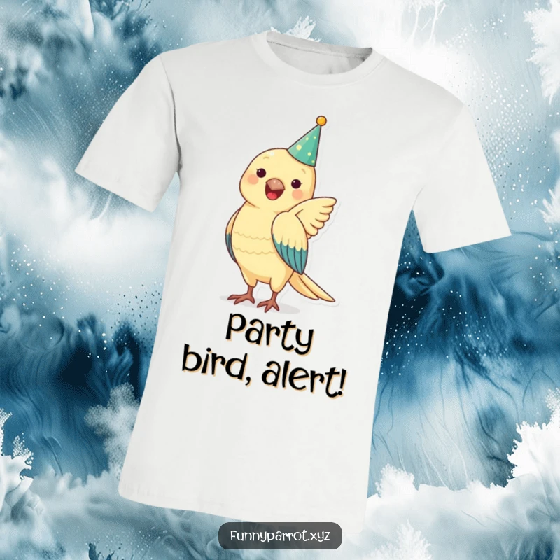 Funny parrot t-shirt featuring a small party hat and enthusiastically flapping wings, conveying pure joy and celebration.
