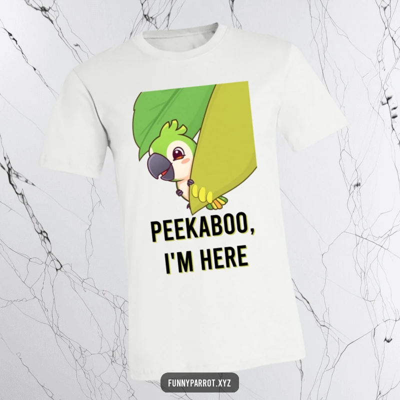 Funny t-shirt of a parrot with a mischievous grin playfully peeking from behind a giant tropical leaf, perfect for a humorous look.