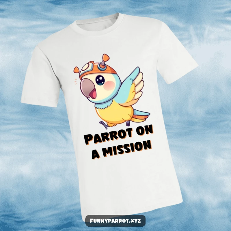 Funny T-shirt depicting a vibrant parrot sporting a tiny propeller hat, energetically zipping through the air with pure joy.