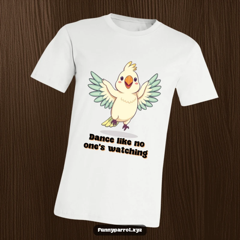 Funny T-shirt featuring a goofy parrot in mid-wobbly-dance with wings outstretched, conveying maximum silliness and infectious humor.