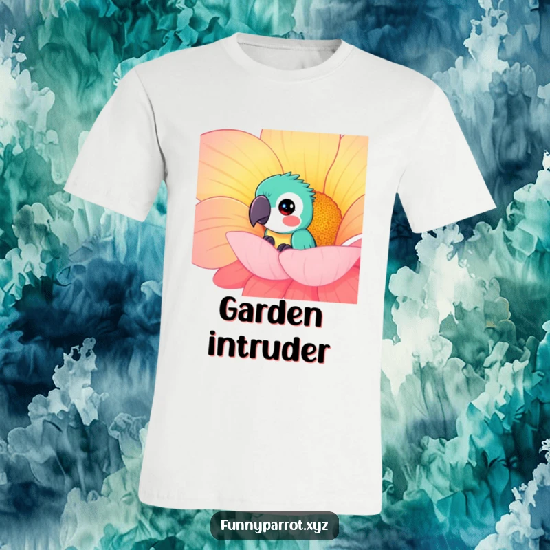 Funny curious parrot t-shirt design of a parrot playfully peeking out from behind a large, colorful flower with wide eyes.
