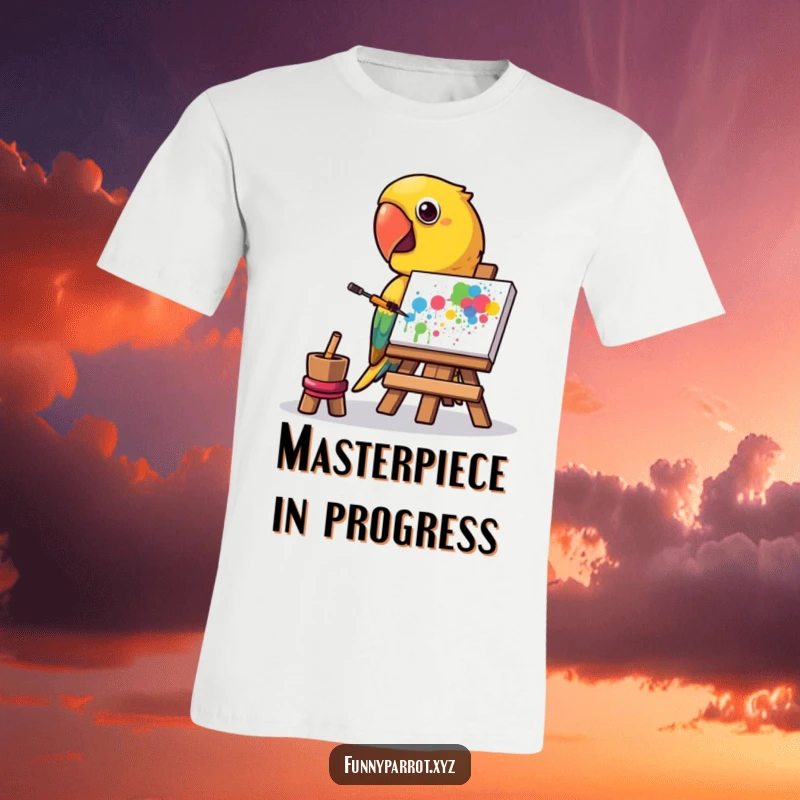 Funny t-shirt of a parrot painting a vibrant abstract splatter with its beak, celebrating artistic expression and humor.