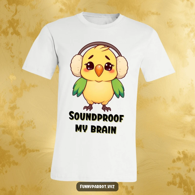 Funny t-shirt of a parrot comically confused while wearing oversized earmuffs, capturing a relatable humorous moment.