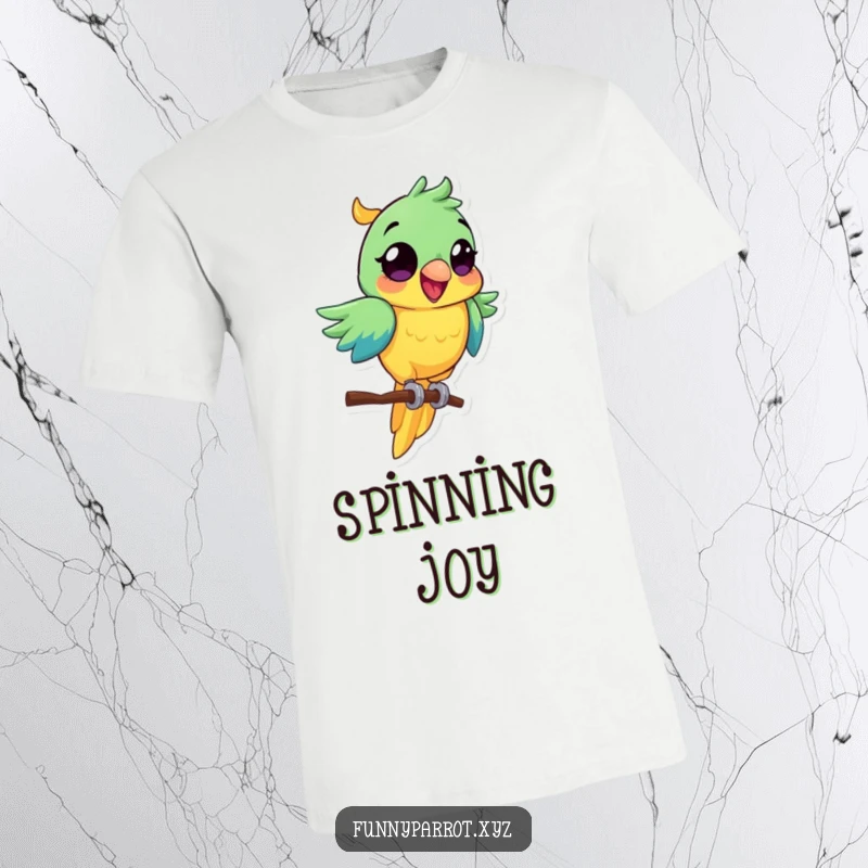 Funny parrot t-shirt depicting a vibrant bird with wide eyes, excitedly spinning on a perch.