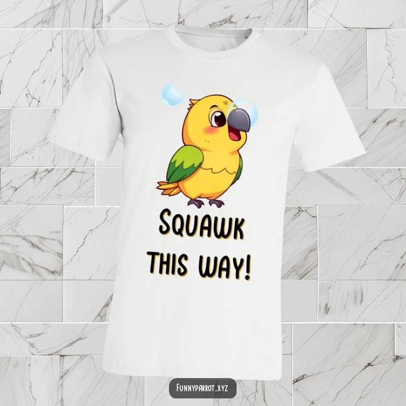 Funny surprised parrot t-shirt design of a parrot with a slightly open beak, looking at a floating bubble with comical surprise.