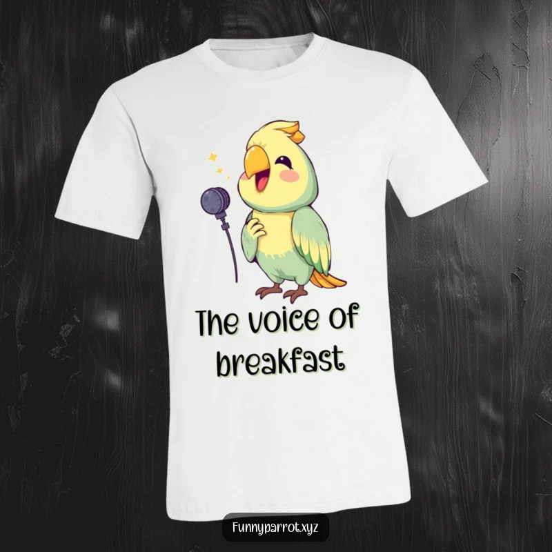 Funny T-shirt showcasing a joyful parrot holding a miniature microphone, enthusiastically squawking a cheerful tune, ready to perform.