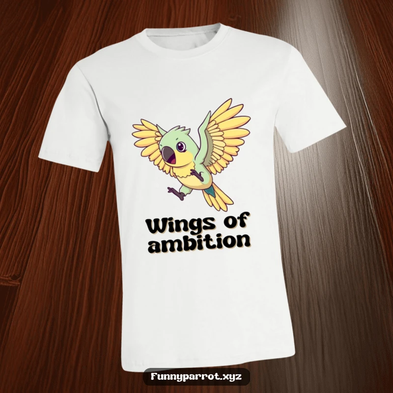 Funny flying parrot t-shirt design featuring a determined parrot with ridiculously large wings attempting to fly, showcasing humorous effort.