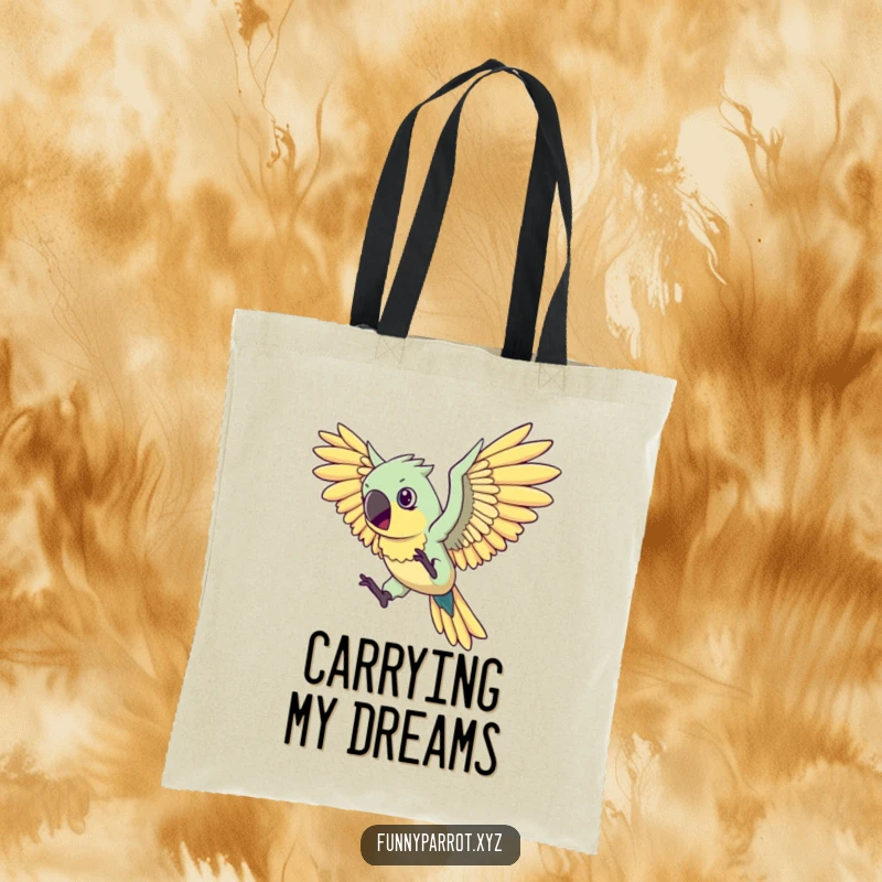 Funny flying parrot tote bag depicting a determined parrot with comically large wings attempting flight, great for carrying essentials humorously.