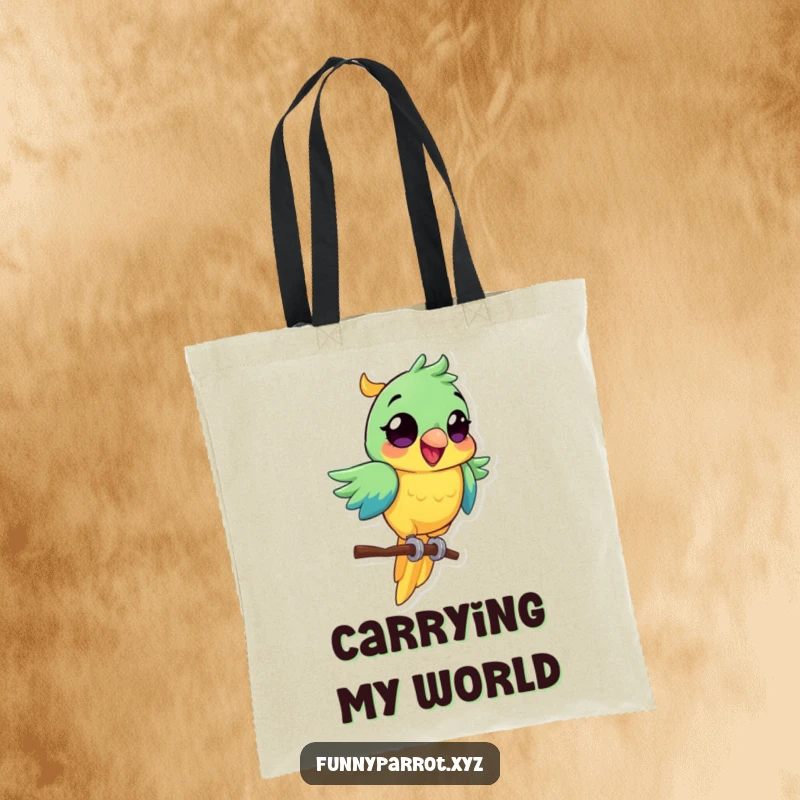 Funny parrot tote bag with a vibrant bird, wide eyes, excitedly spinning on a perch.