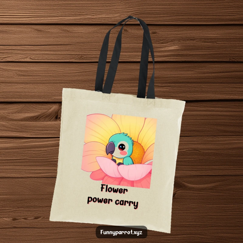 Funny curious parrot tote bag with a parrot peeking from behind a large, brightly colored flower, great for carrying items humorously.