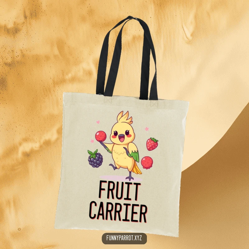 Funny parrot tote bag showcasing a playful bird skillfully juggling three colorful berries.