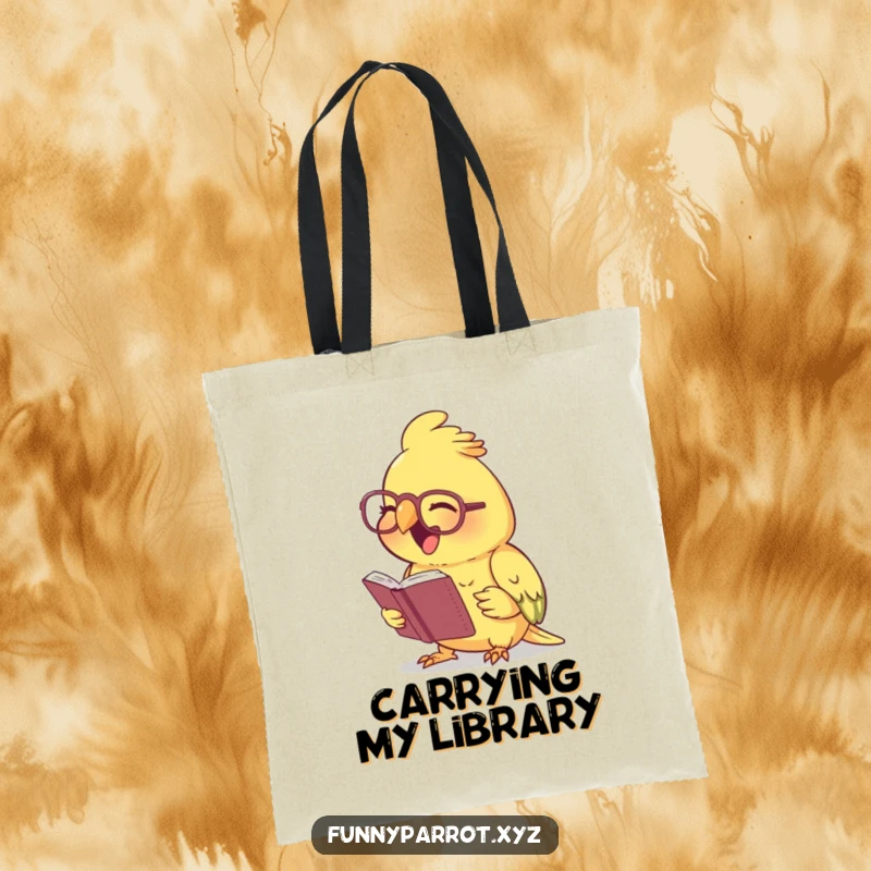 Funny laughing parrot tote bag with a parrot wearing tiny spectacles, reading a small book and laughing hysterically, great for book lovers.