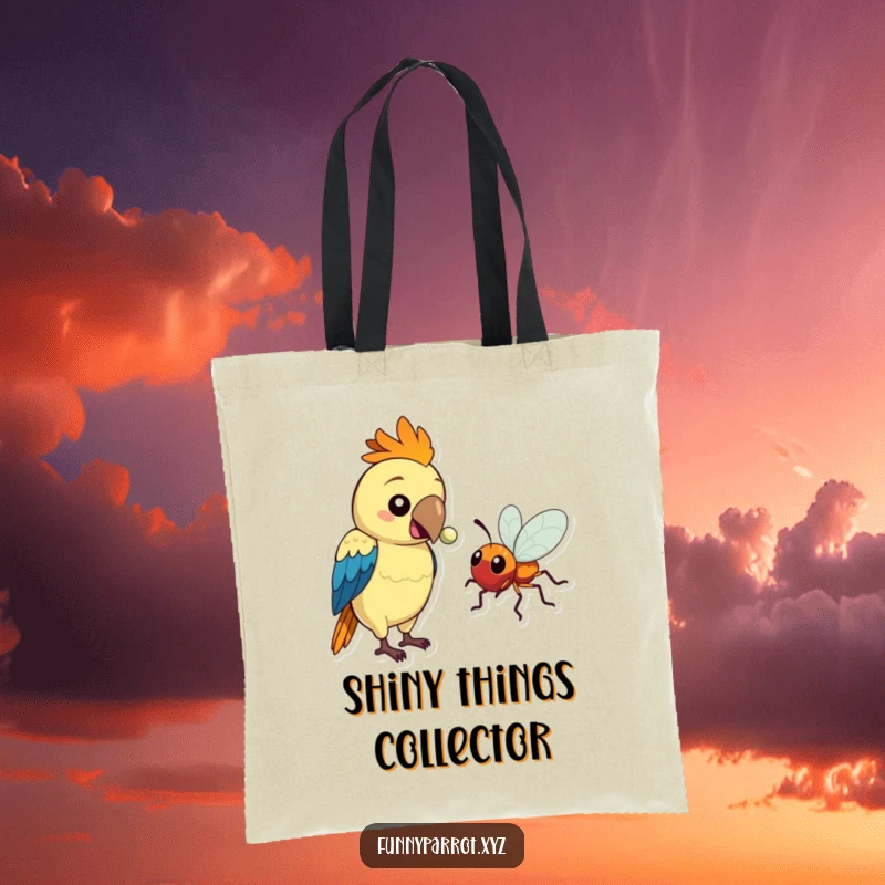 Funny tote bag featuring a parrot offering a shiny bead to a small, friendly bug in a humorous, artistic display.