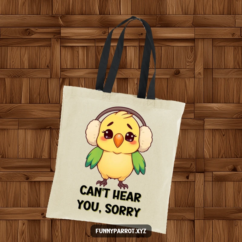 Funny tote bag with a parrot looking comically confused in oversized earmuffs, a humorous accessory.