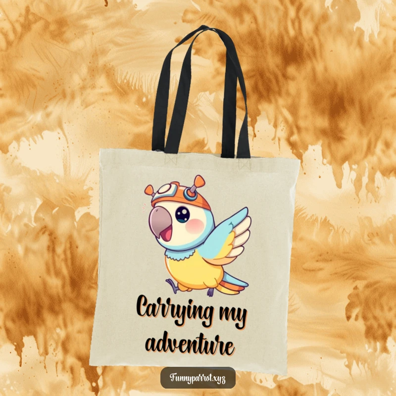 Funny tote bag with a vibrant parrot wearing a tiny propeller hat, captured mid-flight, zipping joyfully through the air.