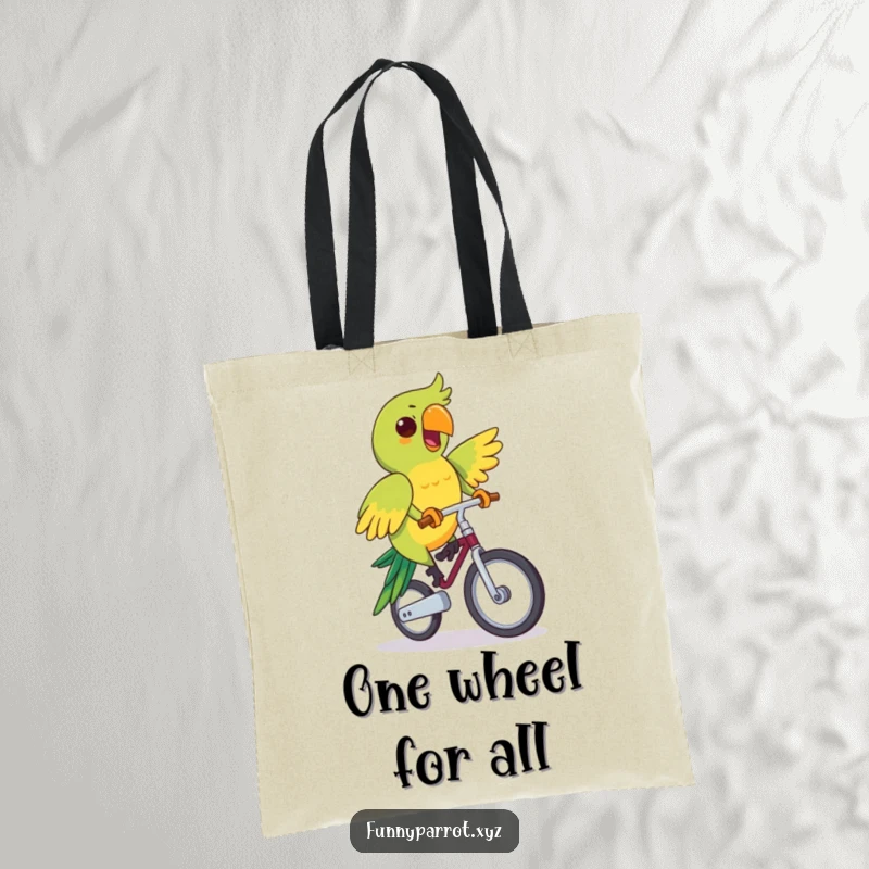 Funny tote bag with a parrot enthusiastically riding a unicycle, symbolizing confidence and humor.