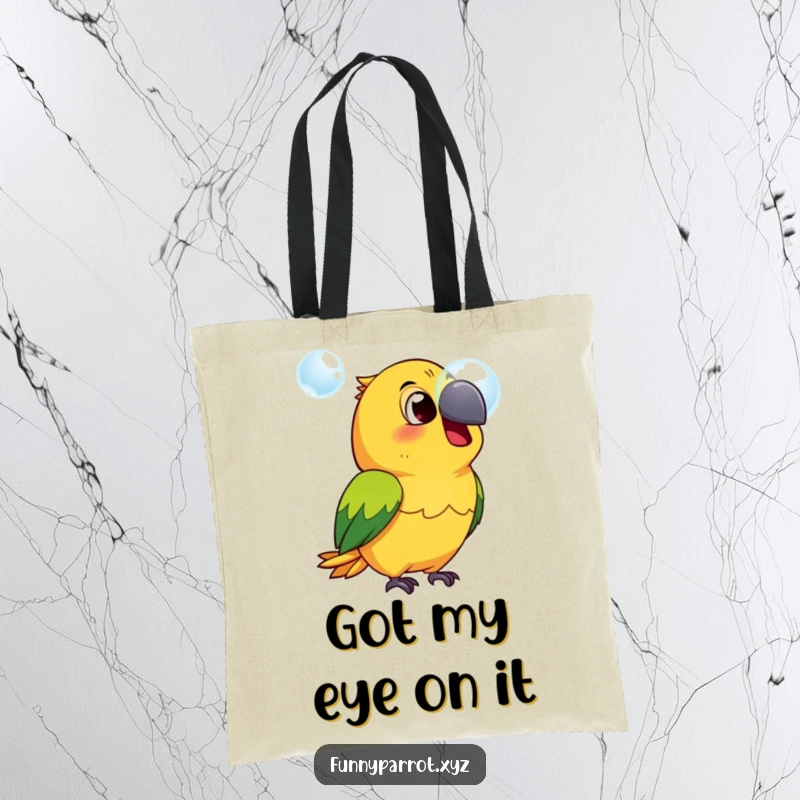 Funny surprised parrot tote bag with a parrot looking astonished at a bubble, ideal for carrying items with a humorous touch.