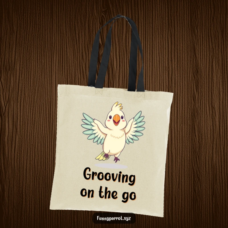 Funny tote bag showcasing a silly parrot doing a hilarious wobbly dance with wings outstretched, ready to hold your essentials with a smile.