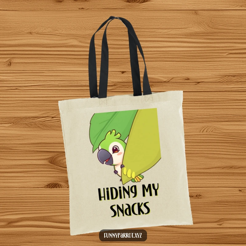 Funny tote bag with a parrot playfully peeking from behind a tropical leaf, its mischievous grin adding humor.